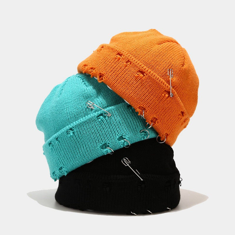 Wholesale Hoop Pin Ripped Wool Knitted Hat